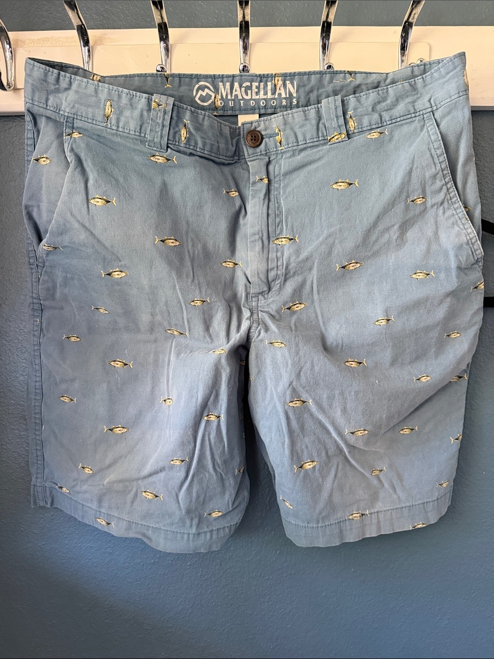 Magellan Outdoors Light Blue Fish Embroidered Flat Front Shorts